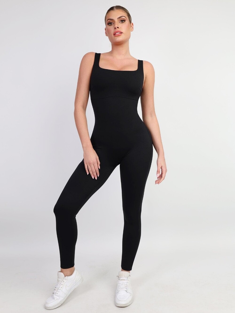 Popilush Shapewear Square Neck Thigh Slimming Workout Jumpsuit Black Size Large